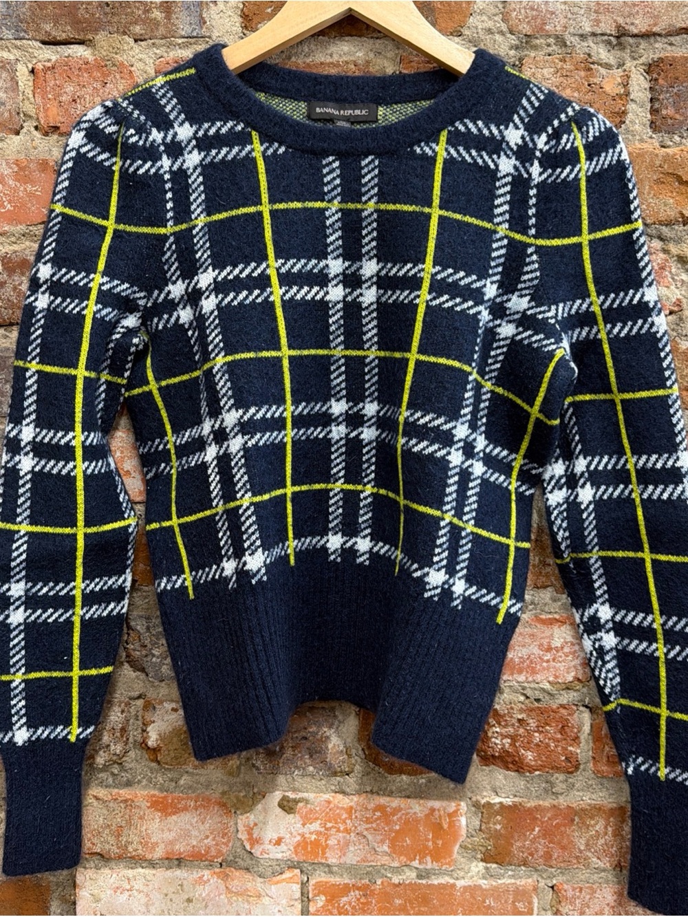 Banana Republic Navy Plaid Crewneck Sweater with Lime Grid